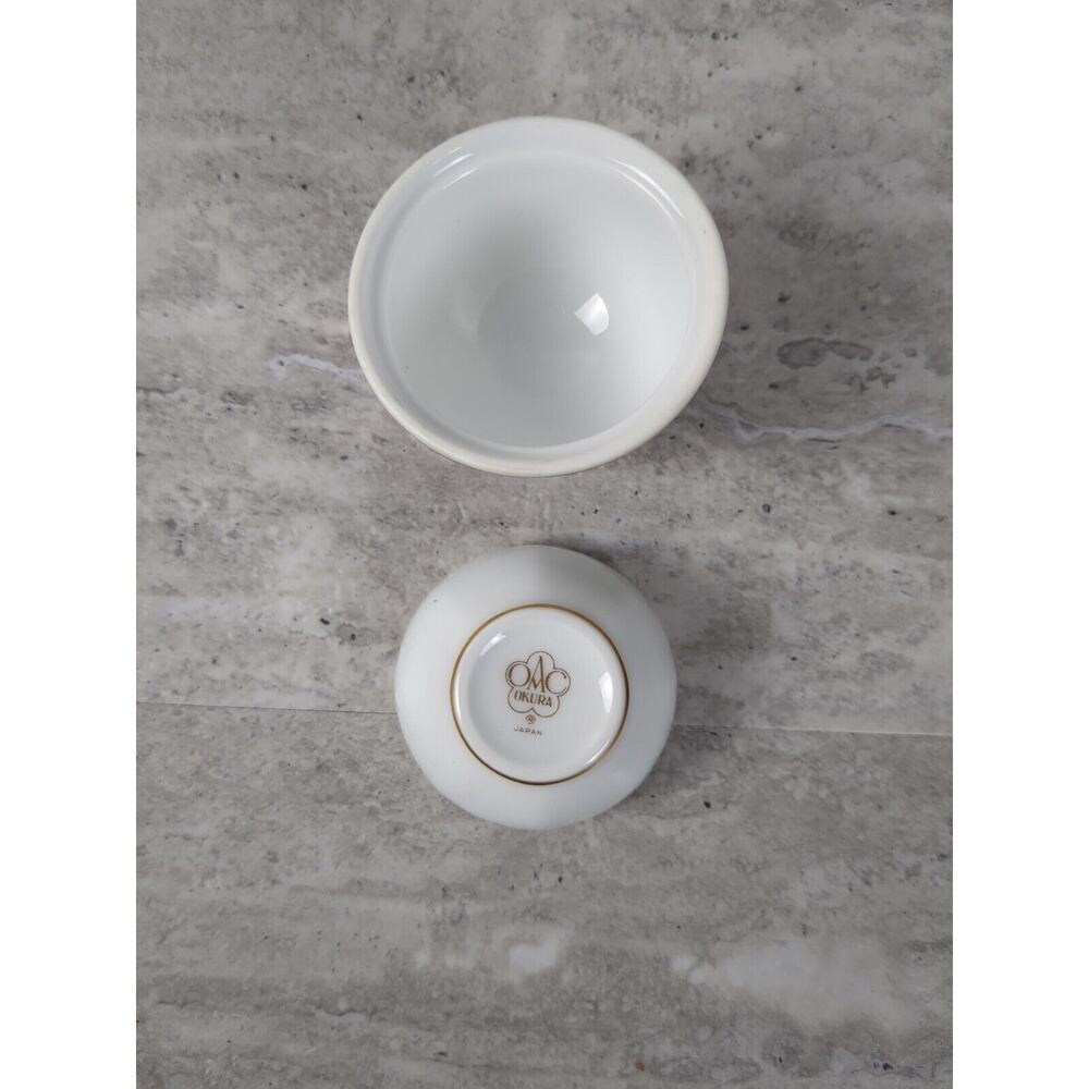 Trinket Box Dish w Lid, Okura Japan, Round, White w Gold Trim - Picture 7 of 9